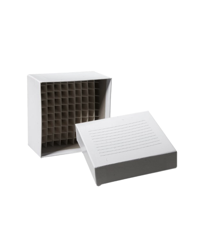 Caja criogenica  Carton , Alto 5cm y 10x10  posiciones , -196 a temp ambiente, color blanco