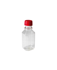 Botella plastica PE transparente. graduada. c/tapa roja de seguridad 250 ml